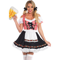 Beer Garden Babe, features gingham peasant dress with lace up bodice, cold shoulder sleeve and attached apron