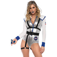 3PC.Galaxy Girl, includes lame zipper front bodysuit with patch accents, belt with attached leg garter, and detachable clear hood