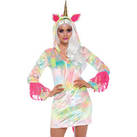 Enchanted Unicorn, features velvet zipper front dress with tail and magical gold horn hood