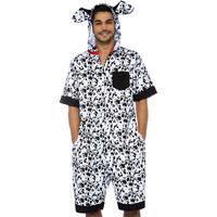 Dalmatian Dog, features fur print jumpsuit with pockets, double sided zipper, and ear hood