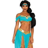4PC.Oasis Princess,off the shoulder crop top,split leg harem pants w/built in booty shorts and elastic leg garters,clear straps,jewel head piece