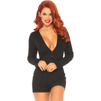 Brushed rib romper long johns with cheeky snap closure back flap.