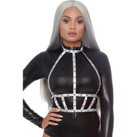 Iridescent studded vinyl body harness.