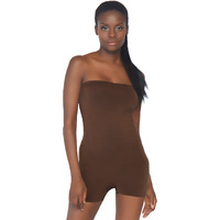 Seamless opaque microfiber strapless romper.