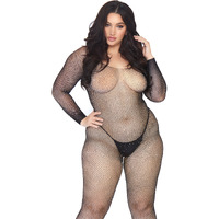 Crystalized seamless fishnet long sleeved bodystocking.