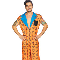 Bedrock Bro, features printed jumpsuit with pockets and double sided zipper.