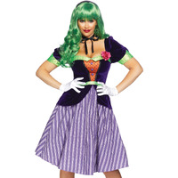 2 PC Comic Book Baddie, includes velvet coat dress with striped skirt and lapel flower, attached ribbon sash, and ribbon neck tie.