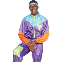 2 PC Awesome 80s Track Suit, includes zip up jumpsuit and matching headband.