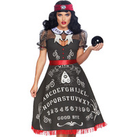 2 PC Spooky Board Beauty, includes deluxe cotton swing dress with elaborate printed board detail and hand collar detail, attached satin sash with pin-on bow, and matching all seeing eye headband.