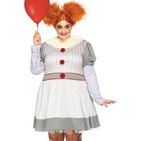 2 PC Creepy Clown, includes striped dress with pom pom accents and lace neck piece.