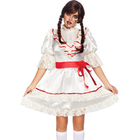 Haunted Doll, features satin lace trimmed antique doll dress with attached bow sash.
