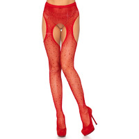Crystalized fishnet suspender pantyhose.