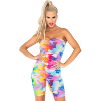 Rainbow camo mesh strapless romper.