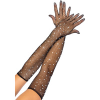 Rhinestone fishnet opera length gloves.