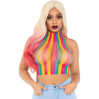 Rainbow net high neck crop top.