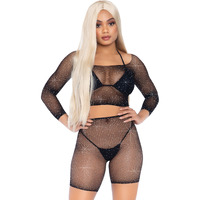 2 PC Rhinestone fishnet long sleeve crop top and biker shorts.