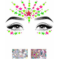 Vibe neon adhesive black light face jewel sticker and 2 of 3g body glitter packets.
