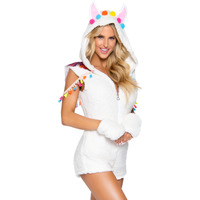 2 PC Cuddly Llama, includes ultra soft plush zip up bodysuit with tassel accents and poncho cape, llama ear hood, and paw gloves.