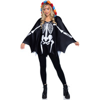 Day of the Dead Poncho, features skeleton detail and lace print hood with floral accents.