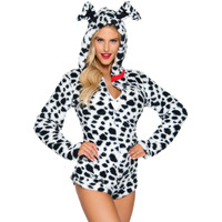 Darling Dalmatian, features ultra soft plush zip up bodysuit with collar accent, ear bood, and attached tail.