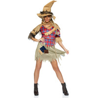4 PC Scarecrow Cutie, includes patchwork dress with straw accents, burlap shawl, rope belt, and scarecrow hat.