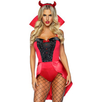 3 PC Devilish Darling, includes tux and tails bodysuit with stay up collar, pin-on devil tail, and sequin devil horn headband.