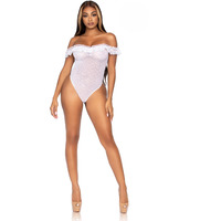 Lace ruffle off the shoulder teddy with woven point d'esprit detail and snap crotch.