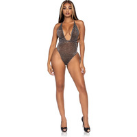 Shimmer sheer lurex rhinestone teddy with thong back and convertible wrap-around straps.