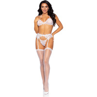 3 PC Rhinestone eyelash lace bra top, garter belt, and g-string.