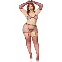 5 PC Rhinestone fishnet garter skirt set with bikini top, g-string, gloves, and stockings.