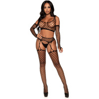 3 PC Net crop top, garter stockings, and matching gloves.