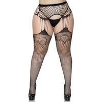 Industrial Net stockings with duchess lace top and attached multi-strand garter belt.