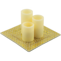Set of Three Gold Flameless Pillar Candles With Holder