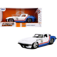 1963 Chevrolet Corvette Stingray White and Blue with Red Stripe "Chevy Racing" "Bigtime Muscle" 1/24 Diecast Model Car by Jada