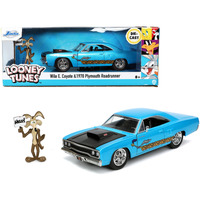 1970 Plymouth 440-6BBL RoadRunner Light Blue Metallic with Black Hood and Wile E. Coyote Diecast Figurine "Looney Tunes" 1/24 Diecast Model Car by Jada