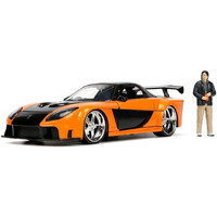 1995 Mazda RX-7 Widebody RHD (Right Hand Drive) Orange Metallic and Black with Han Diecast Figurine "The Fast and the Furious: Tokyo Drift" (2006) Movie 1/24 Diecast Model Car by Jada