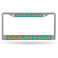 Miami Dolphins License Plate Frame Laser Cut Chrome Green Background