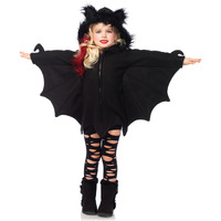 Cozy Bat,zipper front fleece dresswith furry ear hood XS BLACK