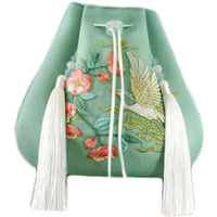 Green Hanfu Crossbody Bag Egret Embroidery Handbag Chinese Style Mini Mobile Canvas Purse