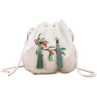 White Chinese Style Hanfu Bag Crossbody Bag Ormosia Embroidery Shoulder Bag Tassel Cell Phone Drawstring Bucket Bag
