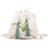 White Chinese Style Hanfu Bag Crossbody Bag Orchid Embroidery Shoulder Bag Tassel Cell Phone Drawstring Bucket Bag