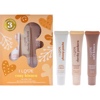 Cosy Kisses Lip Care Trio by I Love Cosmetics for Women - 3 Pc 0.5oz Cheeky Coconut Cream Exfolianting Lip Scrub, 0.5oz Soft Kisses Fudge Brownie Nourishing Lip Butter, 0.5oz Plump Pouts Soft Mint Volumising Lip Plumper