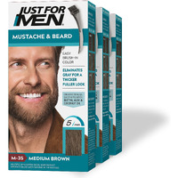 Just For Men Mustache & Beard, Beard Dye for Men with Brush Included for Easy Application, With Biotin Aloe and Coconut Oil for Healthy Facial Hair - Medium Brown, M-35, Pack of 3