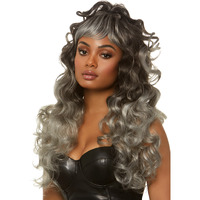 24" Long curly wispy bang wig with half up pony.