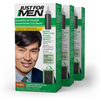 Just For Men Shampoo-In Color (Formerly Original Formula), Mens Hair Color with Keratin and Vitamin E for Stronger Hair - Darkest Brown-Black, H-50A, Pack of 3
