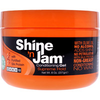 AMPRO Shine-n-Jam Supreme Hold - Conditions Hair with Olive Oil and Silk Protein - Great for Smoothing Fringe, Ponytails, and Up-dos - Firms Tresses with Non-Greasy Shine - 8 oz
