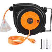 VEVOR Retractable Extension Cord Reel, 30 FT, Heavy Duty 16AWG/3C SJTOW Power Cord, with Lighted Triple Tap Outlet 10 Amp Circuit Breaker, for Ceiling or Wall Mount Garage and Shop, ETL Listed