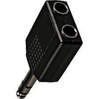 Stereo Splitter Y Adapter w/one 1/4-in male plug at one end, & two 1/4-in female sockets at the other end