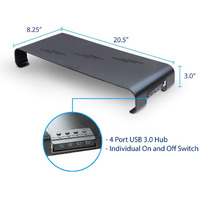 USB 3.0 Aluminum Monitor Stand Metal Riser Support Transfer Data. Keyboard and Mouse Storage Desk Organizer. 4-Port USB 3.0. Suitable for Monitor, Notebook, Printer, and OA Equipment.  20.5"x8.3"x2.6". Ergonomically Designed for Maximum Viewing Comfort.