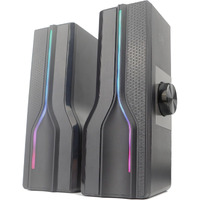 USB 2-in-1 Stereo Speaker / Soundbar. RMS: 3.0W*2. Speaker: 2x2. Frequency Response: 80Hz~20KHz. SNR: > 88dB. Powered by USB (DC 5V). ON/OFF Switch. With 3.5mm Audio Jack. Plastic + RGB LED Light Design. Soundbar Size: 7538072mm. Cable: 1.20-meter.